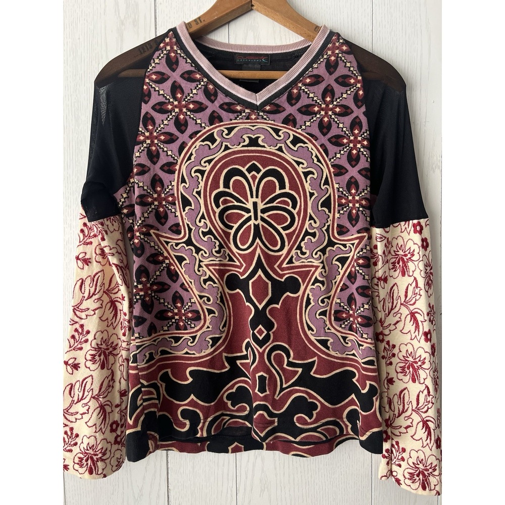 VTG‎ Y2K Custo Barcelona Graphic Long Sleeve Top Sheer Shoulders Medium Women's